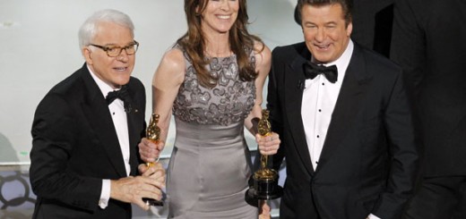 Kathryn Bigelow, director of the Hurt Locker, is congratulated by Oscar hosts Steve Martin and Alec Baldwin. Bigelow's film took home six Oscars including Best Picture and Best Director.